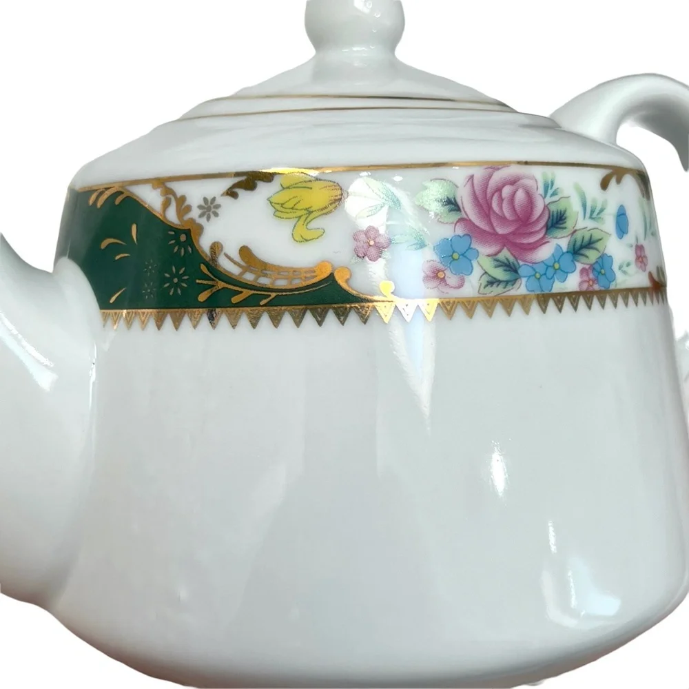 VINTAGE TIGER YEDI WHITE PORCELAIN GREEN BAND W FLORAL DESIGN TEAPOT